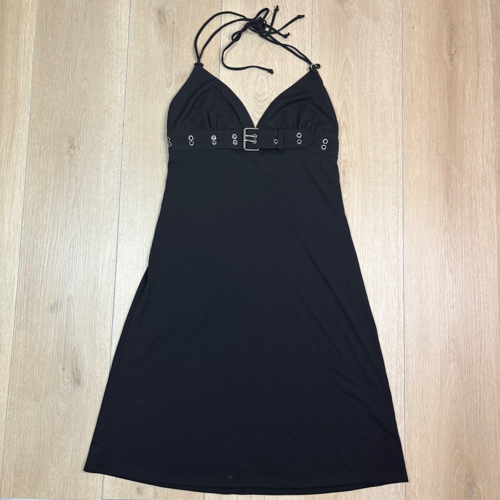 Bisou Bisou Michele Bohbot Black Halter Dress Grommet Belted Y2K Mini Dress 4